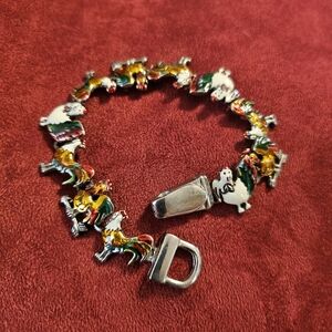 Bracelet Chicken Rooster Hen Links Enamel Silver Plated Multicolored 7.75" Long